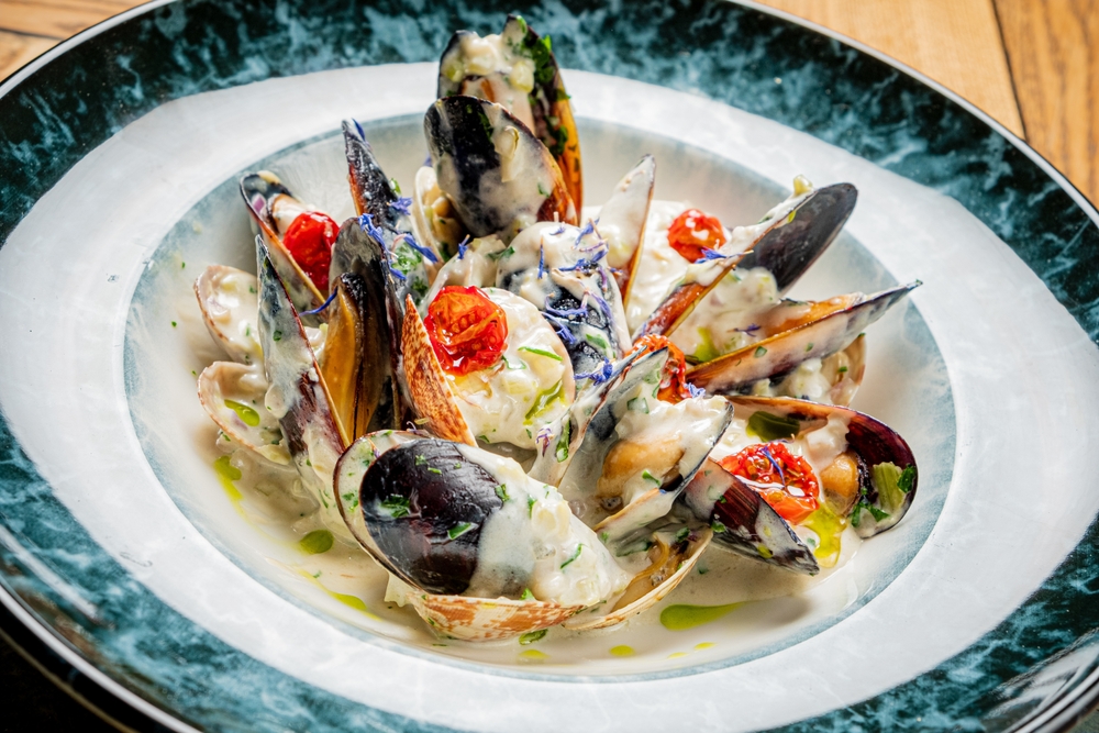 mussels with cream sauce with bread