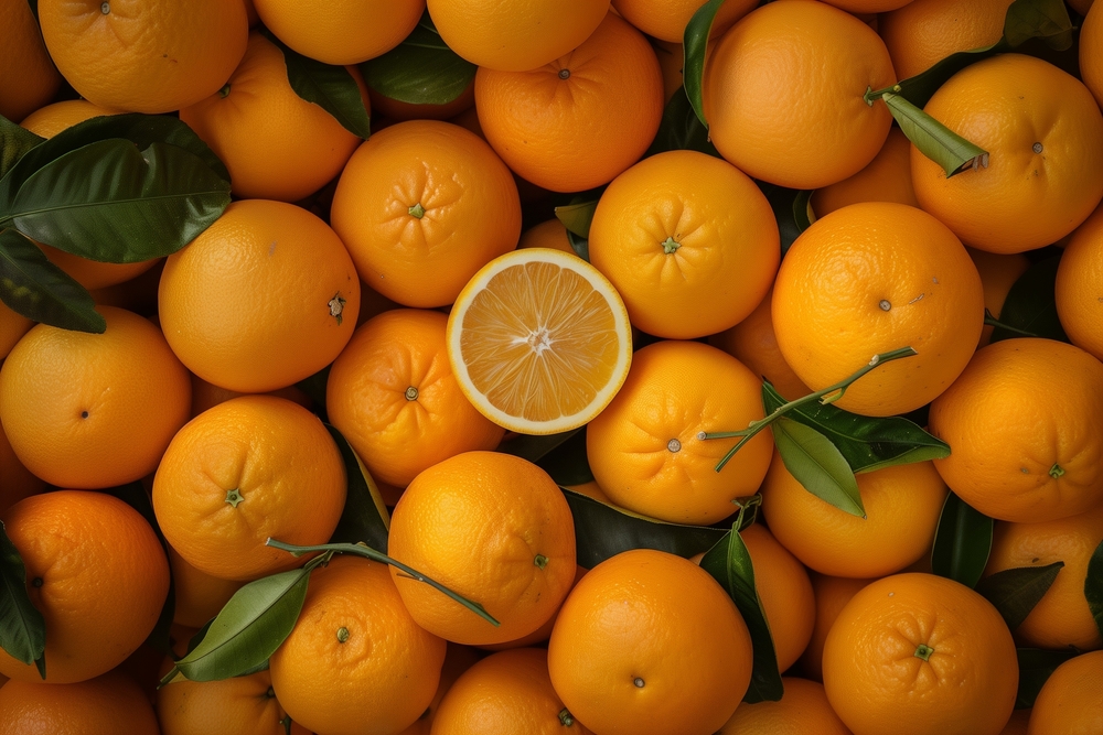 fresh orange fruits with leaves as background top view