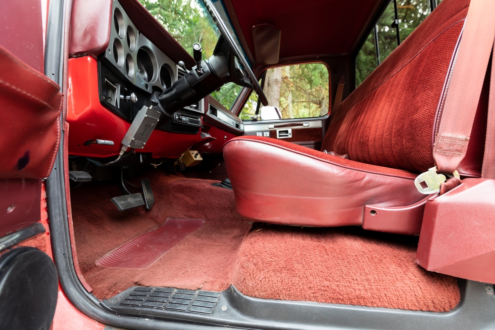 Portland, OR, USA - Aug 5, 2021 - Red-White Old Chevrolet C-K 30 classic pickup truck American 4X4 SUV off-road vehicle interior details