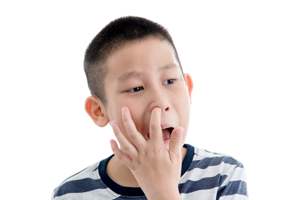 Asian boy picking a booger on white background.