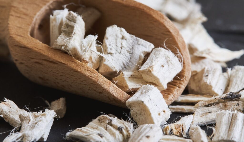 Dried and sliced marshmallow root (Althaea officinalis) in wooden scoop