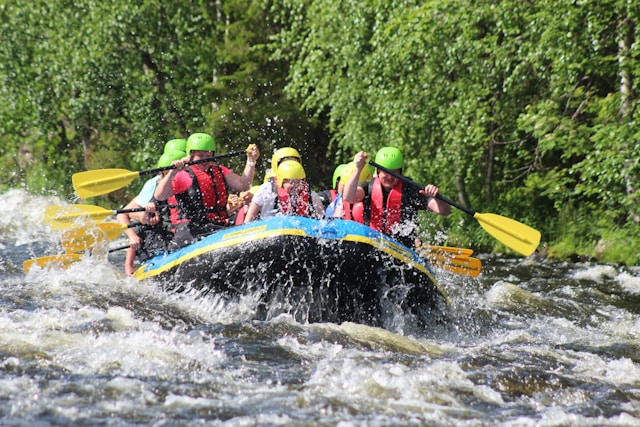 group of friends rafting 