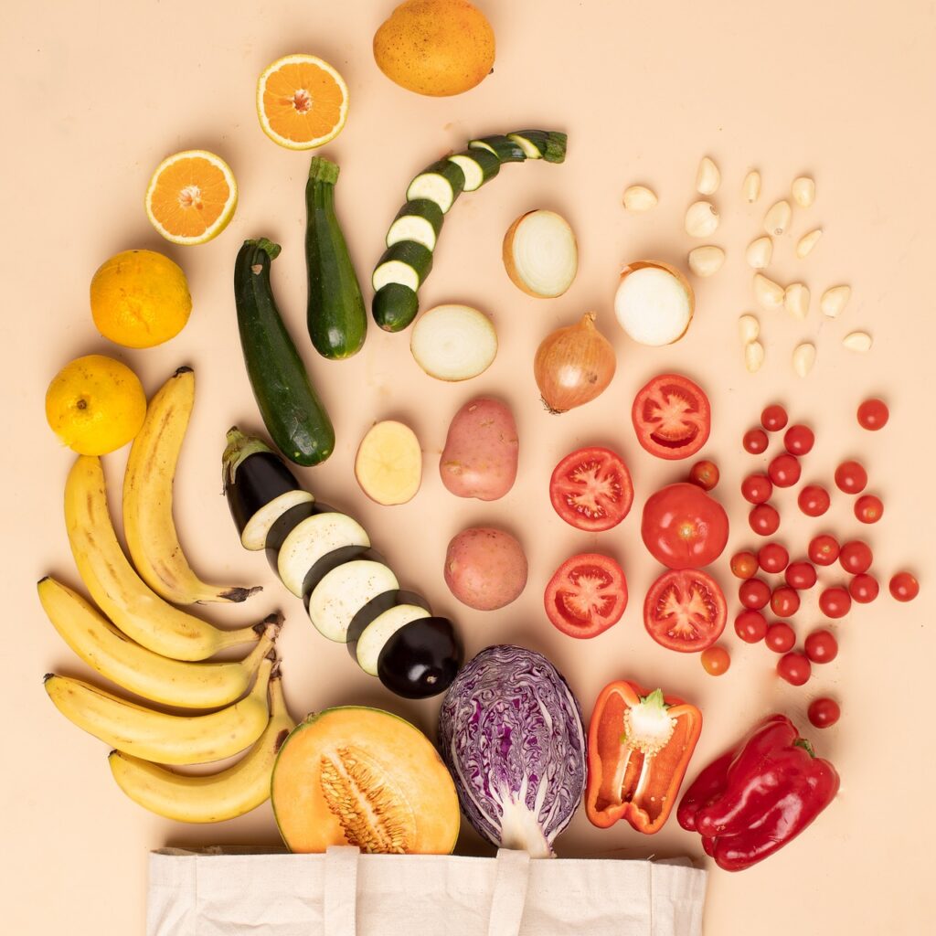 A variety of colorful fruits and vegetables.