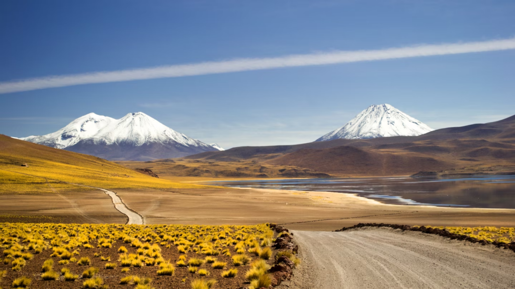 The road to the volcanic blue Lake Miscanti in the altiplano of the Atacama Desert