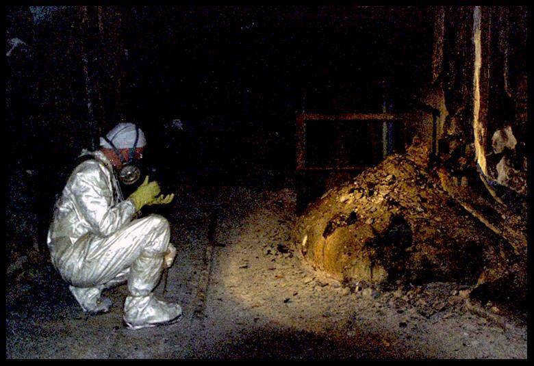 The unidentified worker in this photo likely experienced health problems, if not death, because of their proximity to the Elephant’s Foot.