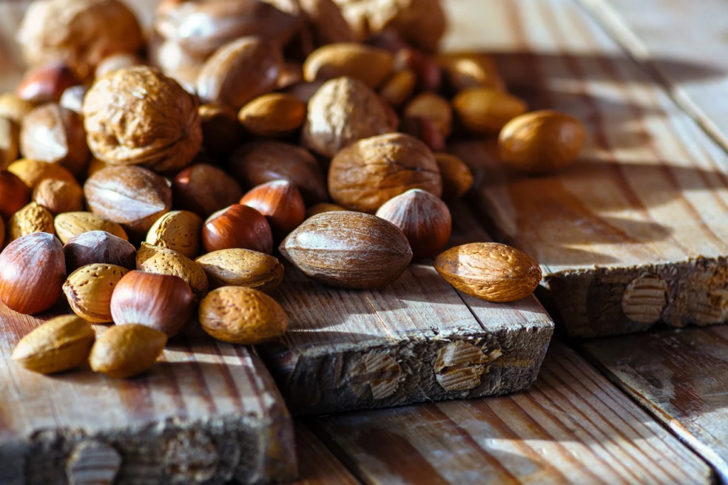 Assorted nuts on a series of planks