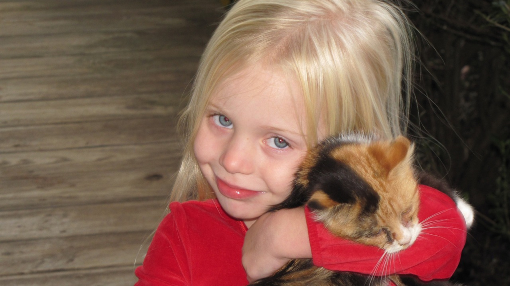 little girl snuggling a cat