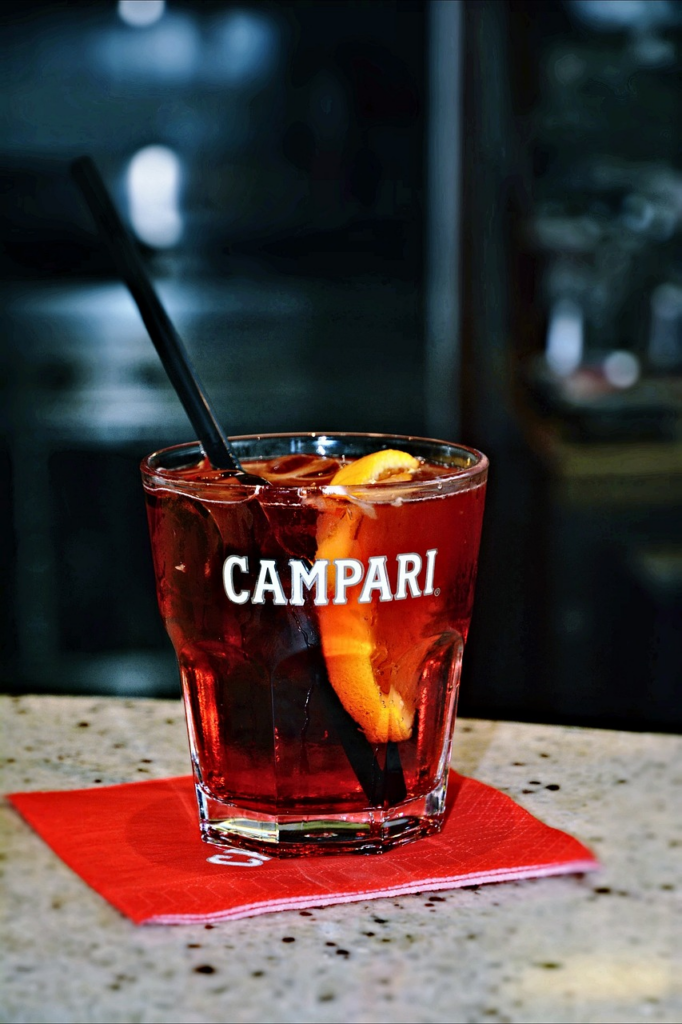 glass of Campari on a counter