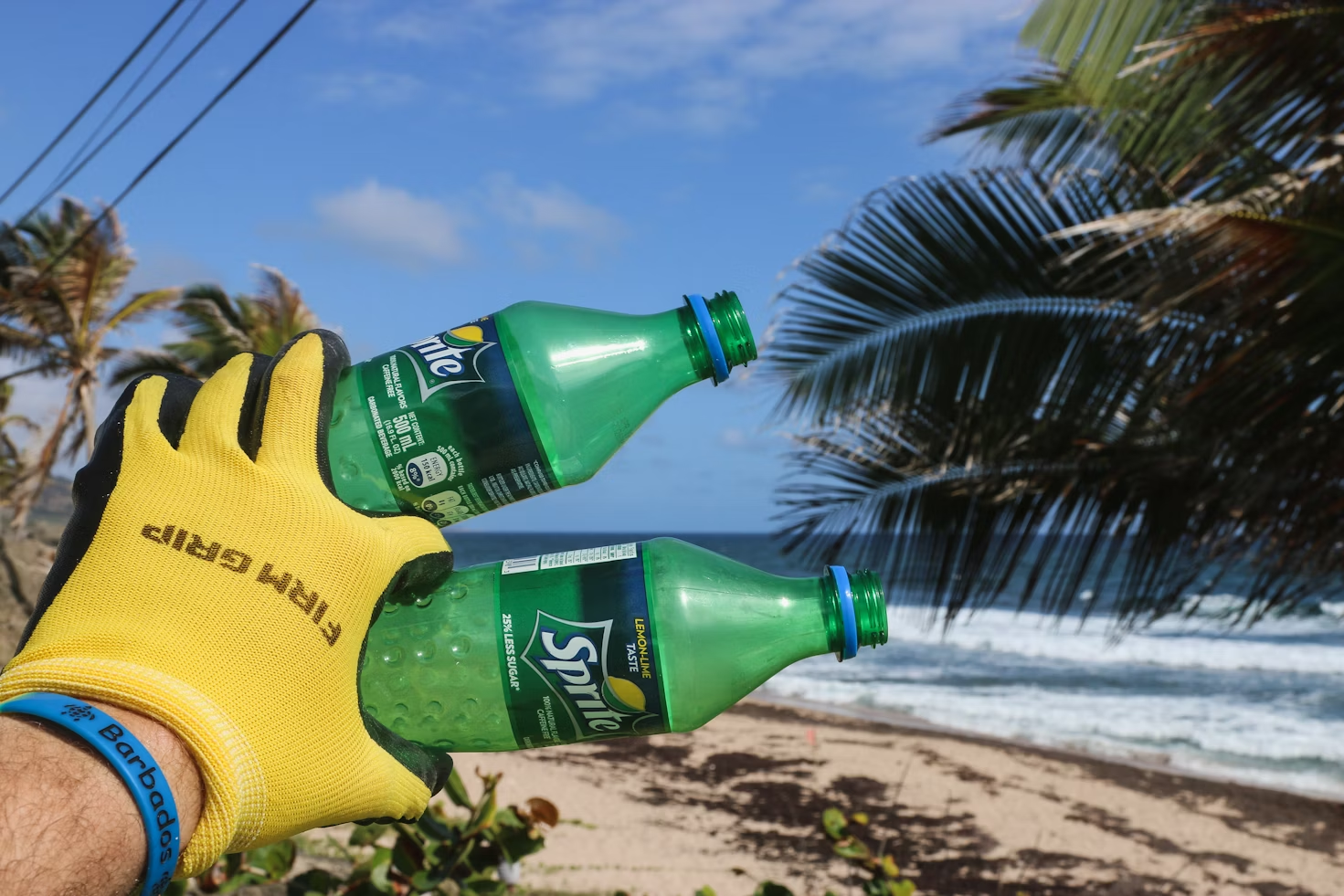 Holding up plastic bottles