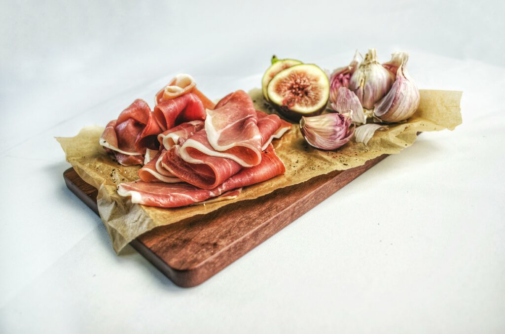red meat Bacon, Fig Fruit and Garlic Cloves
