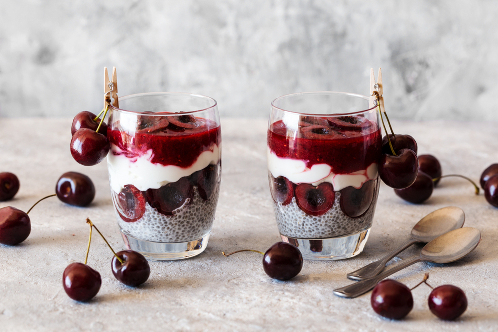 Healthy breakfast. Chia pudding with cherries and yogurt.
