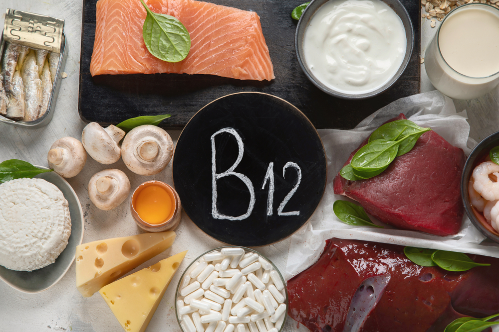 Natural sources of Vitamin B12 (Cobalamin) for normalization of sleep; ensuring normal brain function; supporting the respiratory system; alzheimer's deasease treatment. Top view
