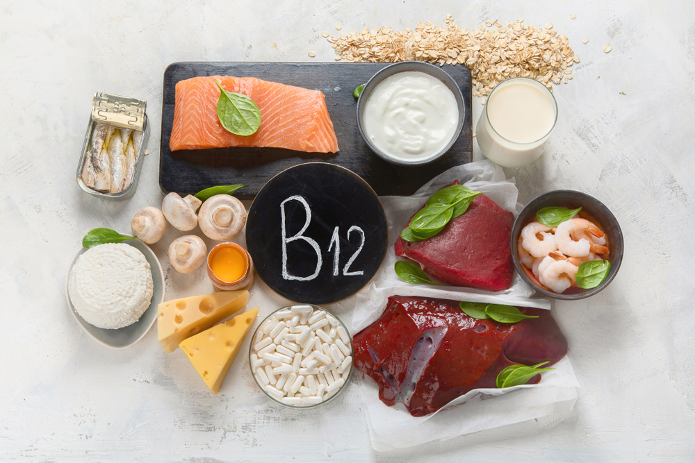 Natural sources of Vitamin B12 (Cobalamin) for normalization of sleep; ensuring normal brain function; supporting the respiratory system; alzheimer's deasease treatment. Top view
