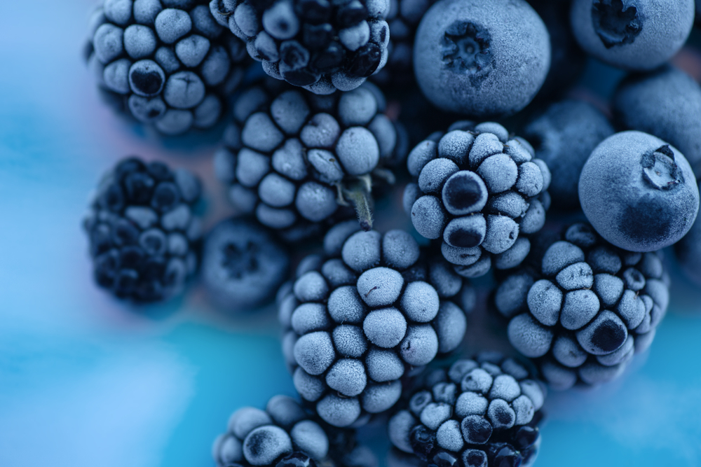 Macro photo of frozen blackberries and blueberries with melting hoarfrost. Color of the year 2020 - Classic Blue. Food tasty flat lay. Main trend concept.
