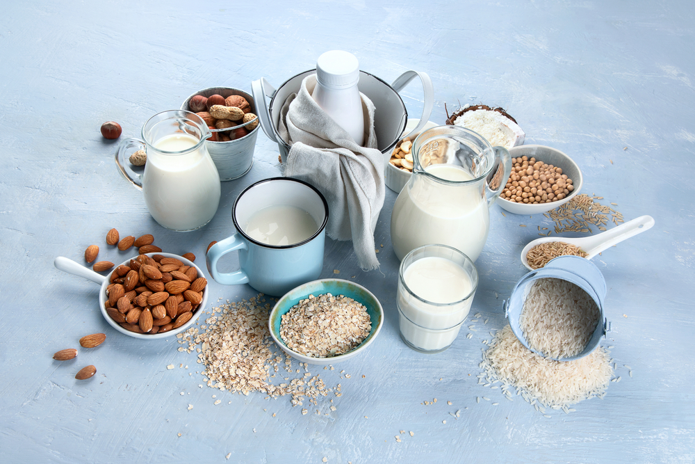 Various vegan plant based milk and ingredients. Dairy free milk substitute drink. Healthy vegan and vegetarian diet concept.