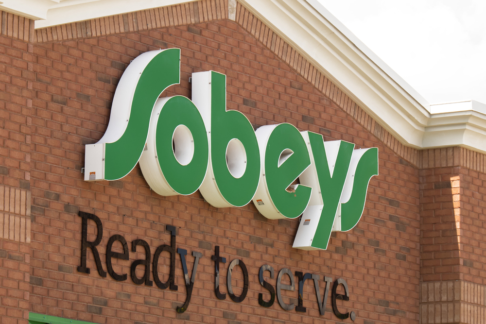 Toronto Canada, July 30, 2020; The logo and brand sign on Canadian retail business Sobeys grocery store on Danforth Avenue in Toront
