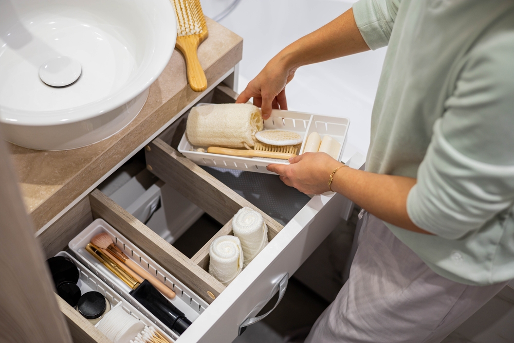 Top view of woman hands neatly organizing bathroom amenities and toiletries in drawer or cupboard in bathroom. Concept of tidying up a bathroom storage by using Marie Kondo's method.
