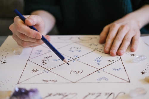 Woman checking natal chart. Beautiful hand drawn astrology background.