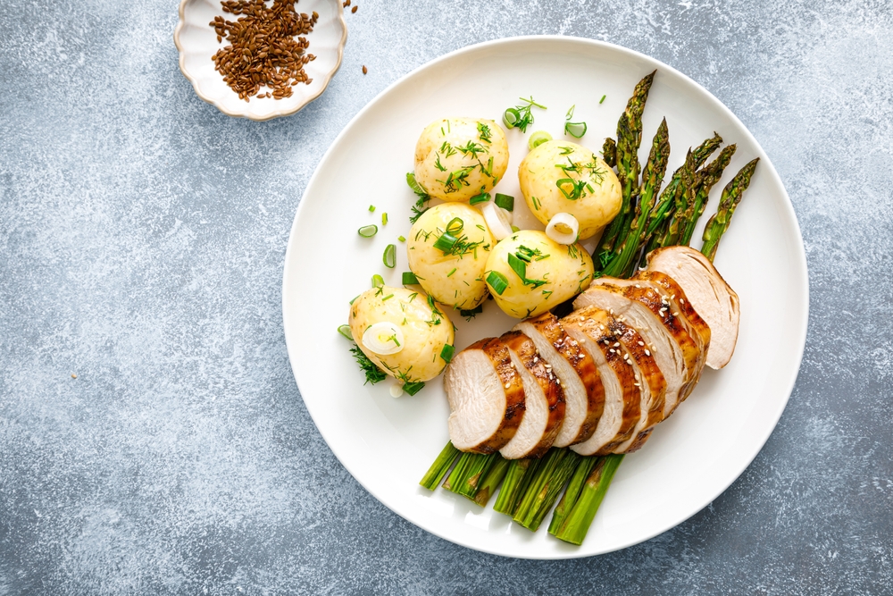 Roasted chicken breast, boiled new potato and grilled asparagus