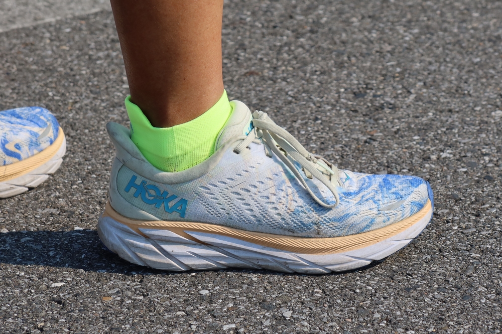 A close-up shot of HOKA running shoe in use. Tokyo, Japan. July 2, 2022.
