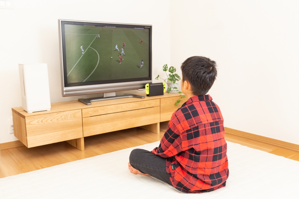 A child watching soccer on TV.
