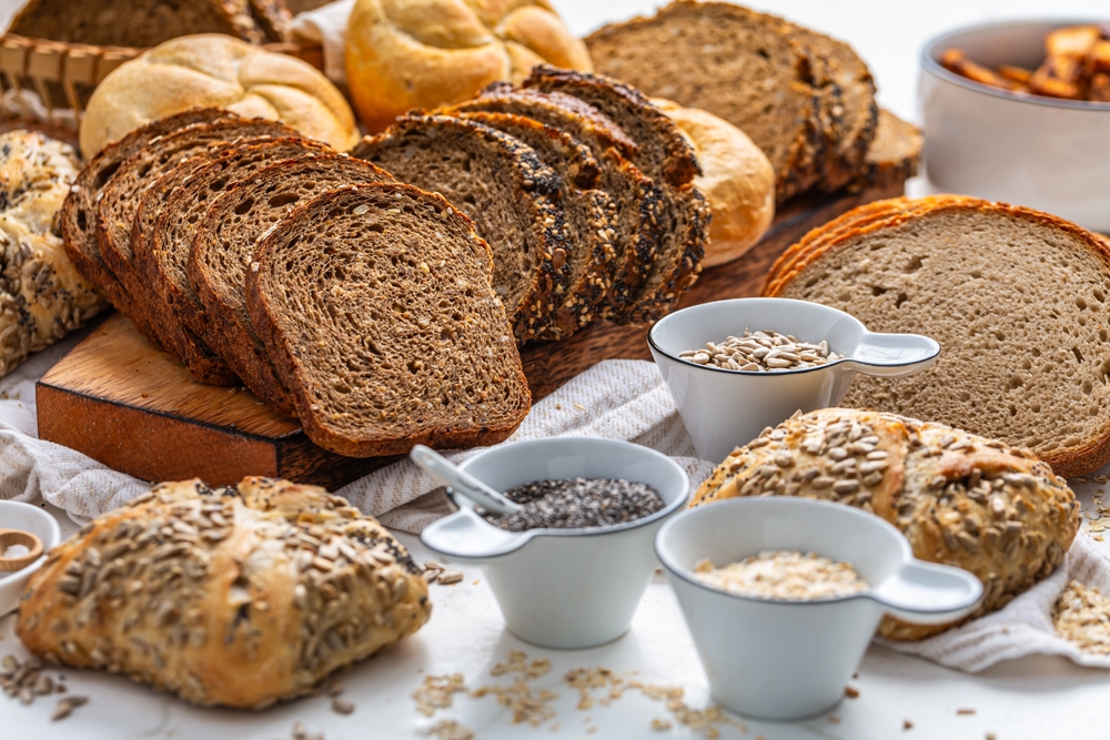 Assortment of bread, rolls and bakery products with salt and seeds