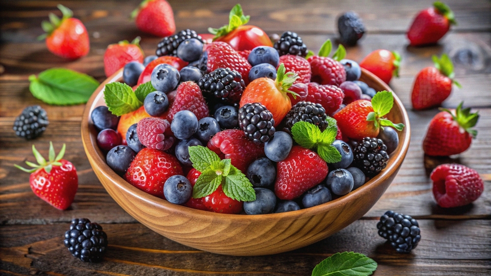 A wooden bowl filled with a variety of fresh berries, including strawberries, raspberries, blackberries, and blueberries, with sprigs of mint, sitting on a rustic wooden surface.

