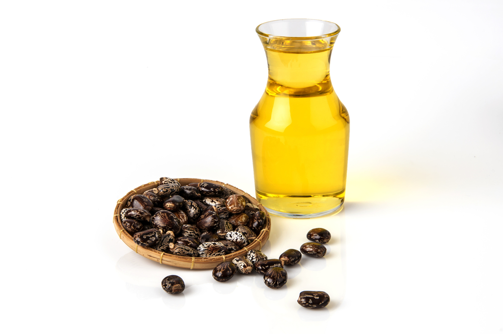 Castor oil with castor fruits, seeds and leaf.