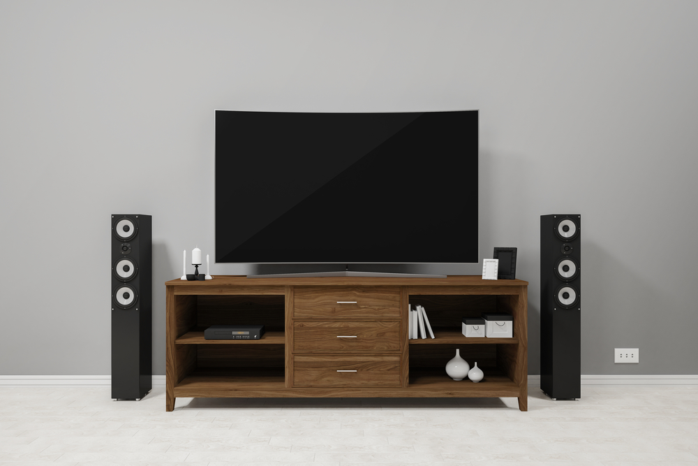 TV stand.curve tv on tv stand wooden with hi-end speaker

