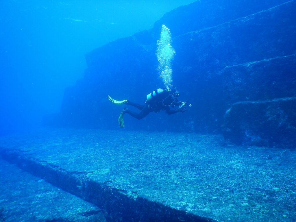 A part of Yonaguni Monument that is called the Main Terrace, underwater near Yonaguni Island, Japan