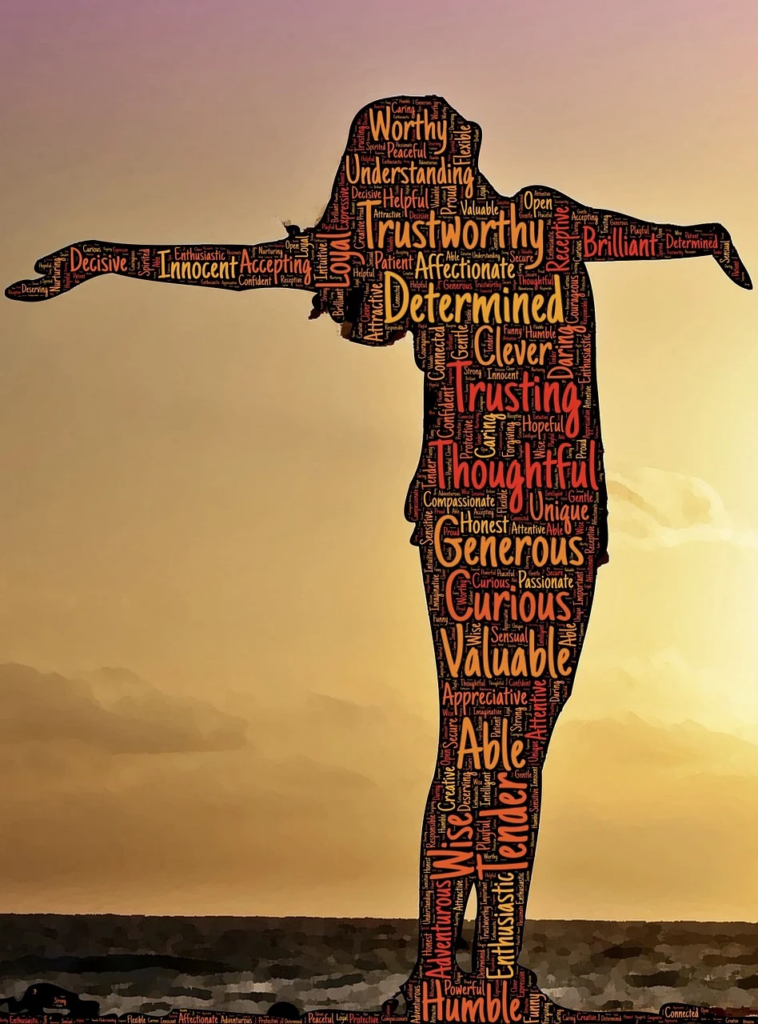 Person standing tall and full of good adjectives
