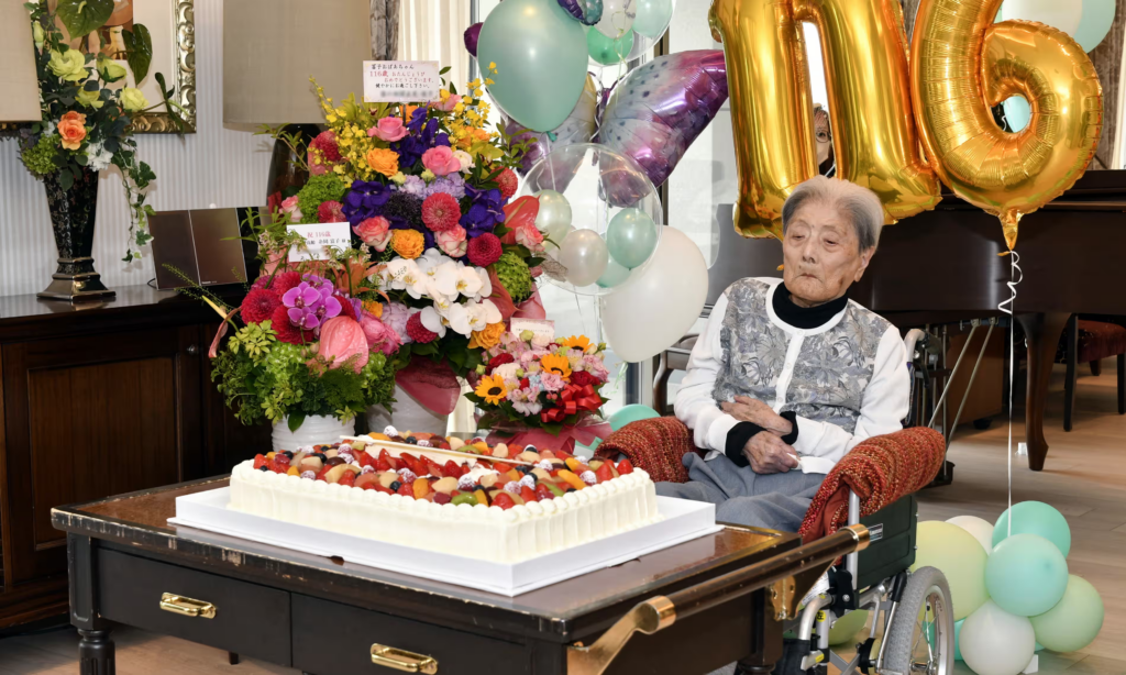 Tomiko Itooka pictured celebrating her 116th birthday in Ashiya, Hyogo prefecture, Japan, in May.