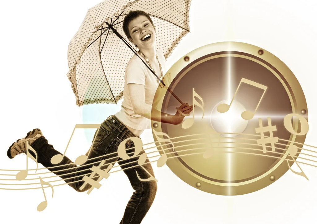 smiling person walking with an umbrella and music
