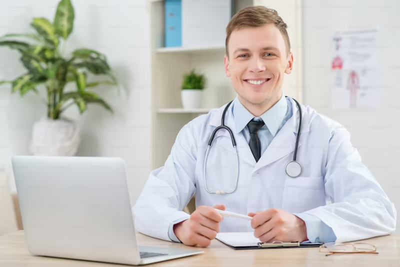 doctor sittiing at a desk with a laptop