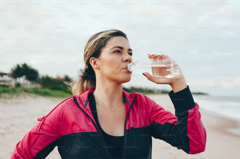 woman drinking from a plastic water bottle