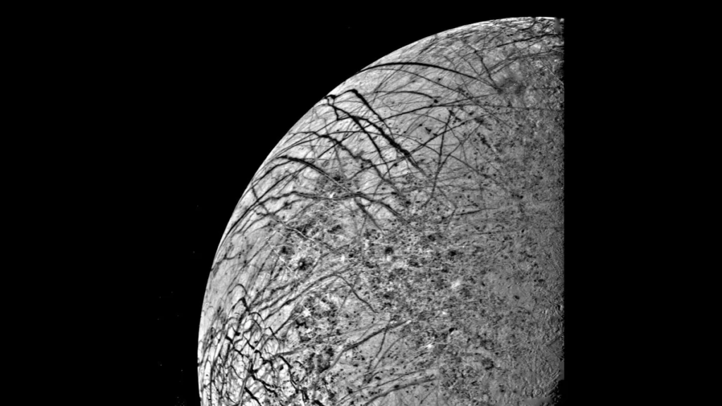 Close-up of the surface of Jupiter's moon Europa at a distance of 152,000 miles.