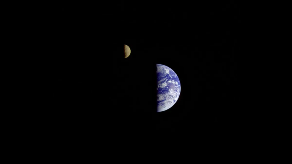 Earth and Moon, Sept. 18, 1977 (from 7.25 million miles from Earth)