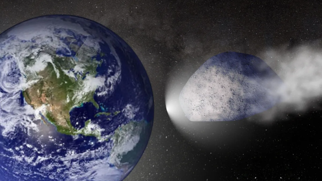 An illustration shows the God of Destruction asteroid Apophis approaching Earth 