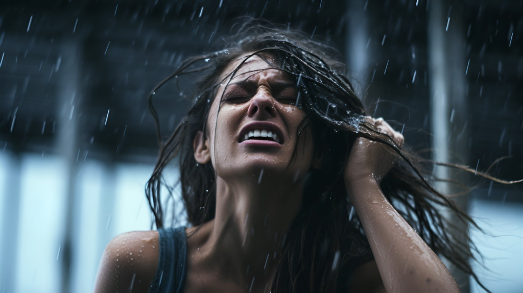 distressed woman in the rain