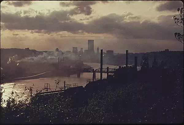 In Pittsburgh, thick smoke creates a haze over the city.