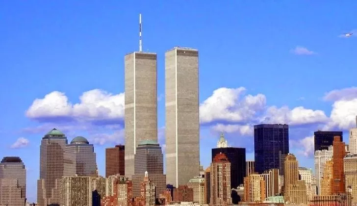 The Twin Towers standing in the New York skyline