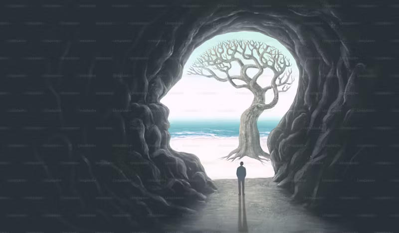 cave entrance and tree representing a human head and mind