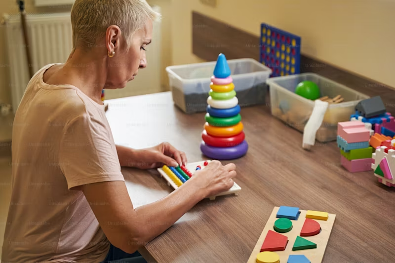older woman working with tactile learning tools