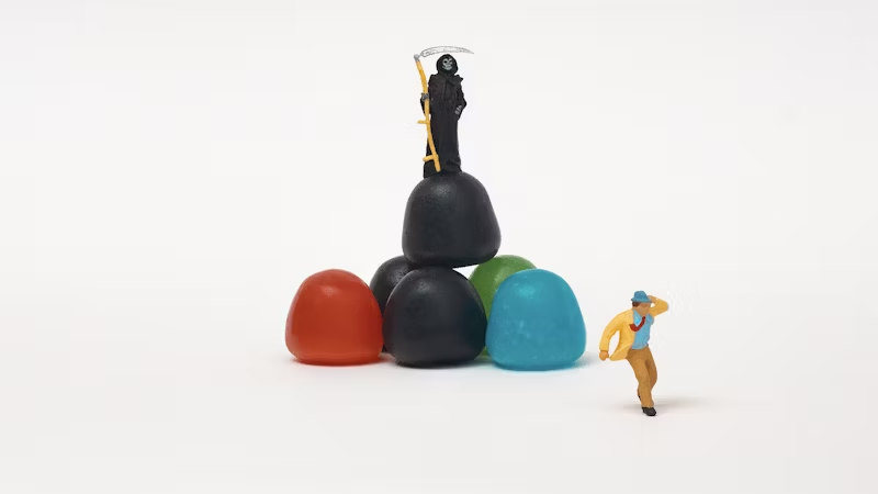 plasticine man running from a small grim reaper on a jube-jube