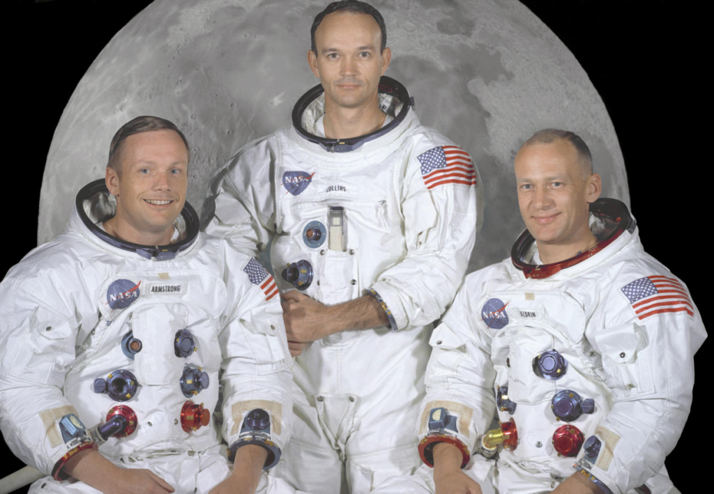 Portrait of the prime crew of the Apollo 11 lunar landing mission. From left to right they are: Commander, Neil A. Armstrong, Command Module Pilot, Michael Collins, and Lunar Module Pilot, Edwin E. Aldrin Jr. On July 20th 1969 at 4:18 PM, EDT the Lunar Module "Eagle" landed in a region of the Moon called the Mare Tranquillitatis, also known as the Sea of Tranquillity. After securing his spacecraft, Armstrong radioed back to earth: "Houston, Tranquility Base here, the Eagle has landed". At 10:56 p.m. that same evening, Neil Armstrong stepped off the "Eagle's landing pad onto the lunar surface and said: "That's one small step for a man, one giant leap for mankind." He became the first human to set foot upon the Moon. 
