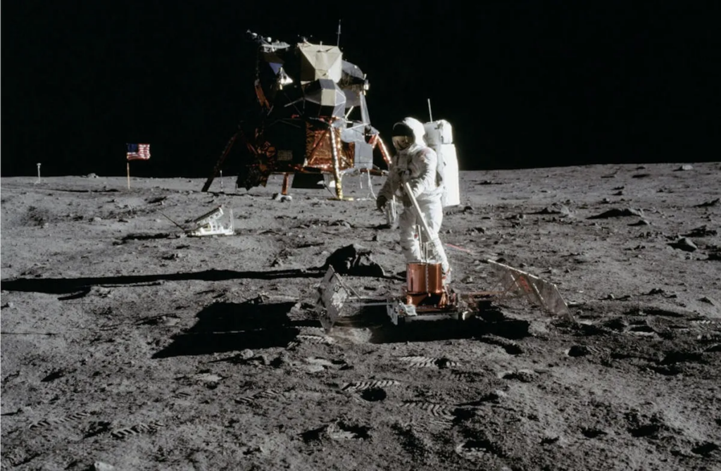 Astronaut walking around on the moon
