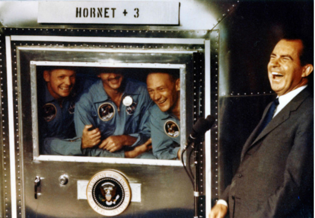 President Richard M. Nixon was in the central Pacific recovery area to welcome the Apollo 11 astronauts aboard the U.S.S. Hornet, prime recovery ship for the historic Apollo 11 lunar landing mission. 