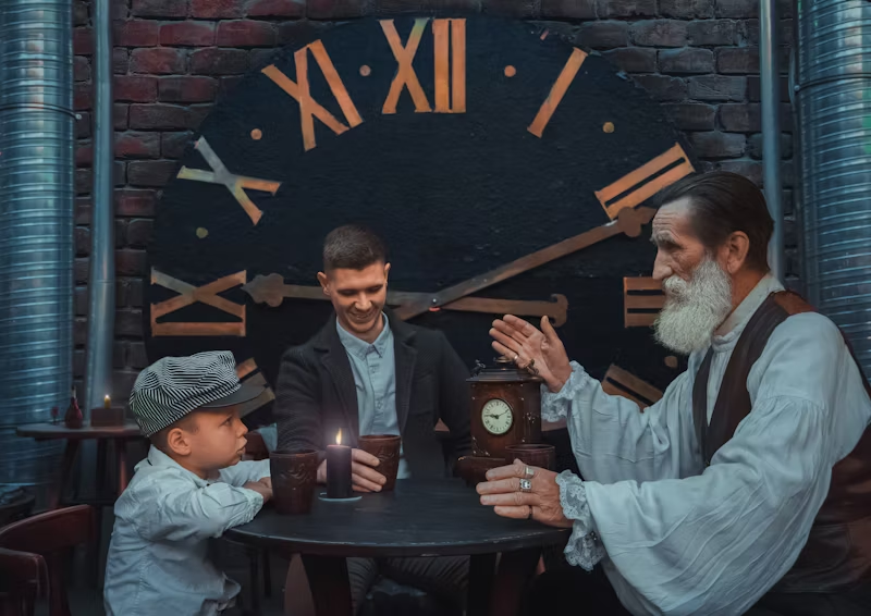 old and young at a table