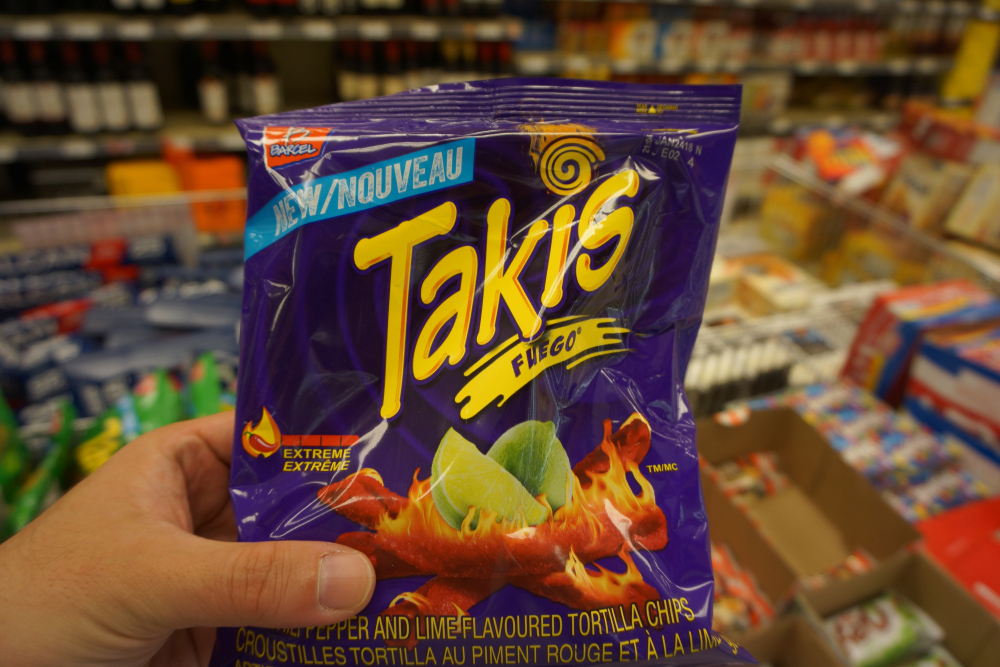 quebec, canada, 10 22 2017 : view of takis snack in provigo grocery store at rue queen of sherbrooke town on the townships trail of eastern townships in quebec