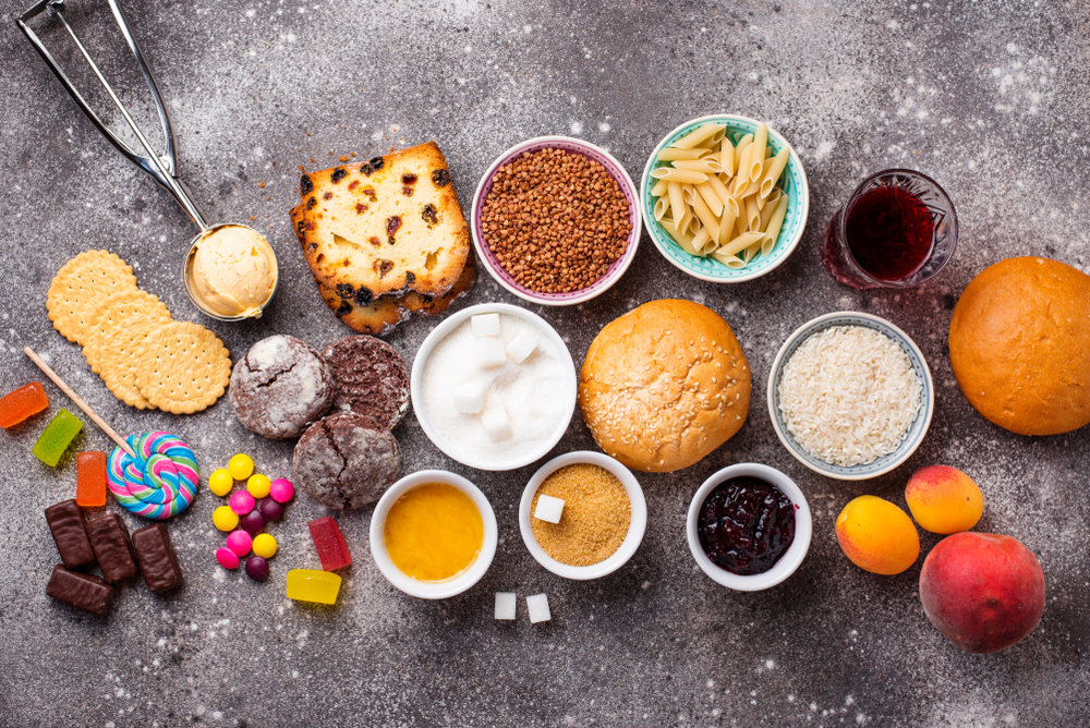 Assortment of simple carbohydrates food. Products high in sugar